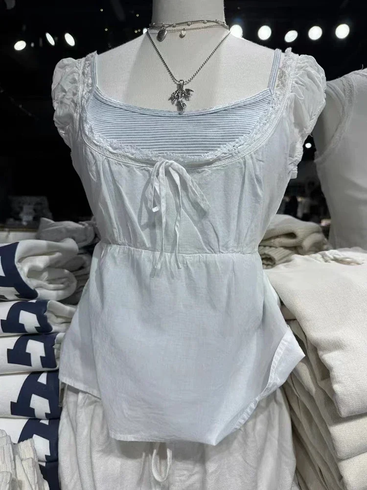 Women Bow Sweet  Lace-up T Shirt 2024 Fashion Summer Collar Short Sleeve T-shirts Vintage Cotton Cute Blouse Tops Y2K image 4