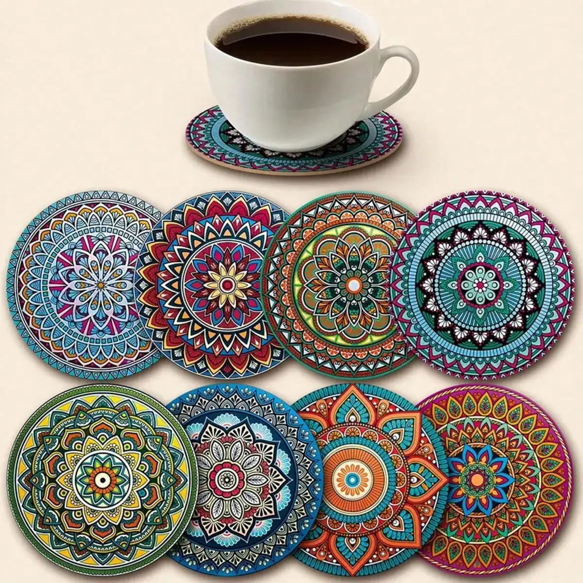 

8pcs/Set Wooden Coasters With Mandala Pattern, Suitable For Living Room, Kitchen, Dining Room, Cup Mat, Wine Glass Mat