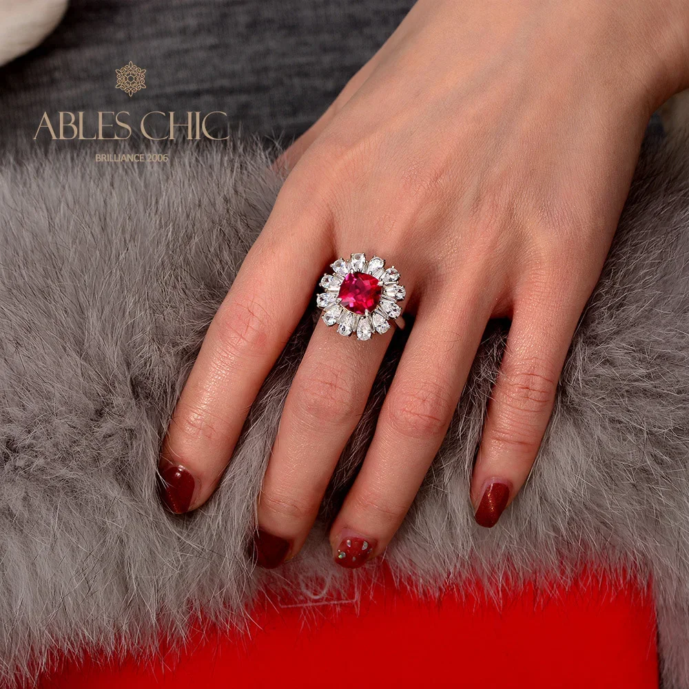 Ables Chic Sterling Silver Floral Lab Ruby Teardrop Flower Bridal Ring Refined Craftsmanship Wedding Classy Rings S2R1S2R1237