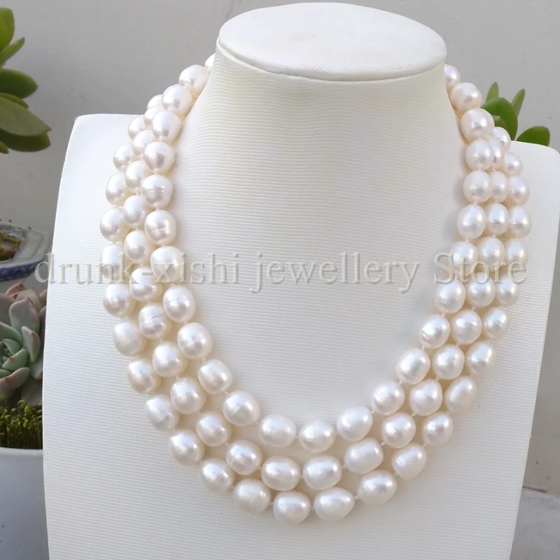 

Triple Strand 3 Rows Handmade 10-12mm Pearl Long Necklace Neck Hand-Woven Gift Girlfriend Wife Free Shipping