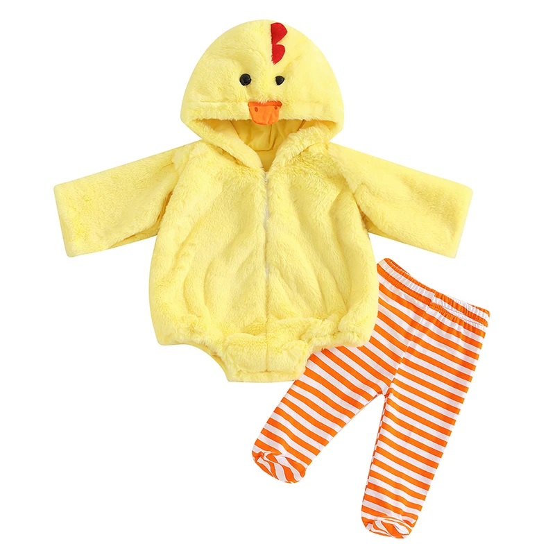 

Baby Chick Halloween Costumes Cute Infant Toddler Girl Boy Duck Costume Cape Sleeve Fuzzy Romper+Striped Leggings