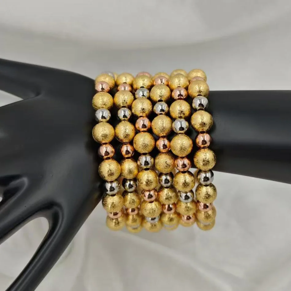 New Hot Sale Chunky Multi-Layer Stretch Bracelet: Frosted Gold ,Rose Gold & Silver Beads Trendy Women's Daily & Party Jewelry