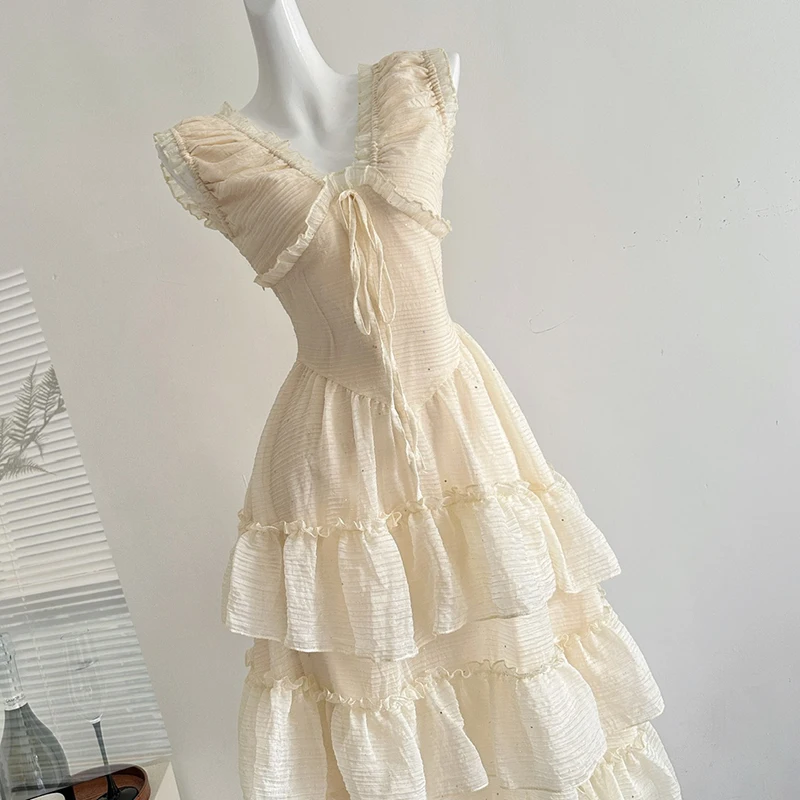 Vestido largo con cordones y cuello en V para mujer, novedad de verano 2021, vestido veraniego escalonado sin mangas, moda coreana elegante, vestidos largos con lentejuelas pesadas