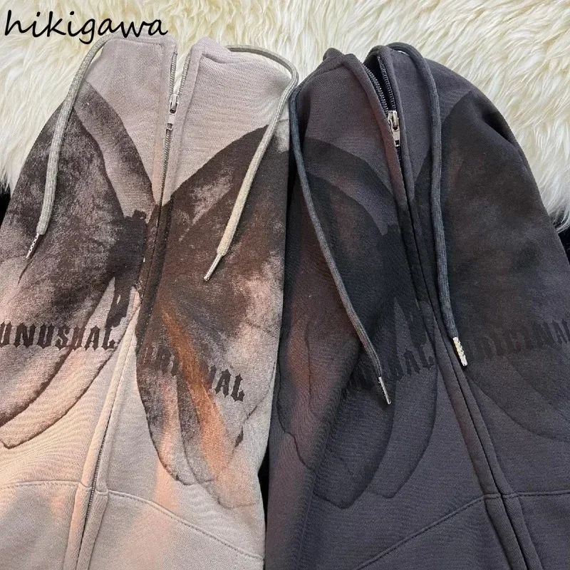 Streetwear Hoodie Women Butterfly Print Zipper Oversized Tops 2023 Ropa Mujer Hooded Korean Casual Fashion Y2k Sweatshirt Coat