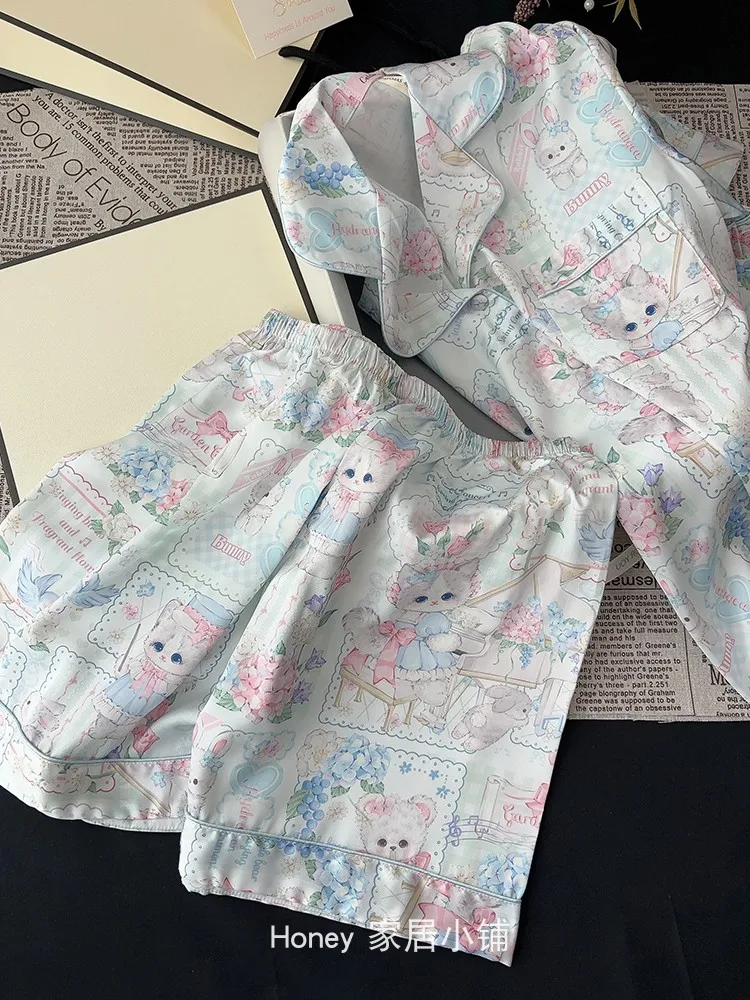 2025 New Summer Casual Loose Cute Cat Short-sleeved Shorts Ice Silk Pajamas Sweet Girl Doll Loungewear Two-piece Set