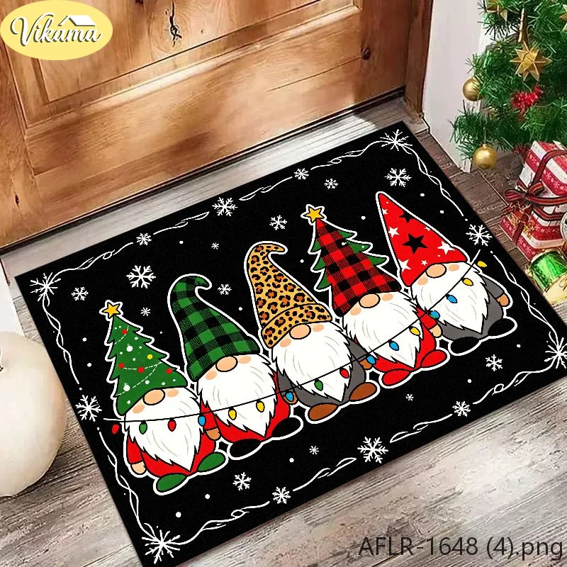 VIKAMA Christmas Gnome Doormat Four Gnomes Different Hats String Lights, Black Welcome Mat Front Door, Non Slip, Xmas 2027