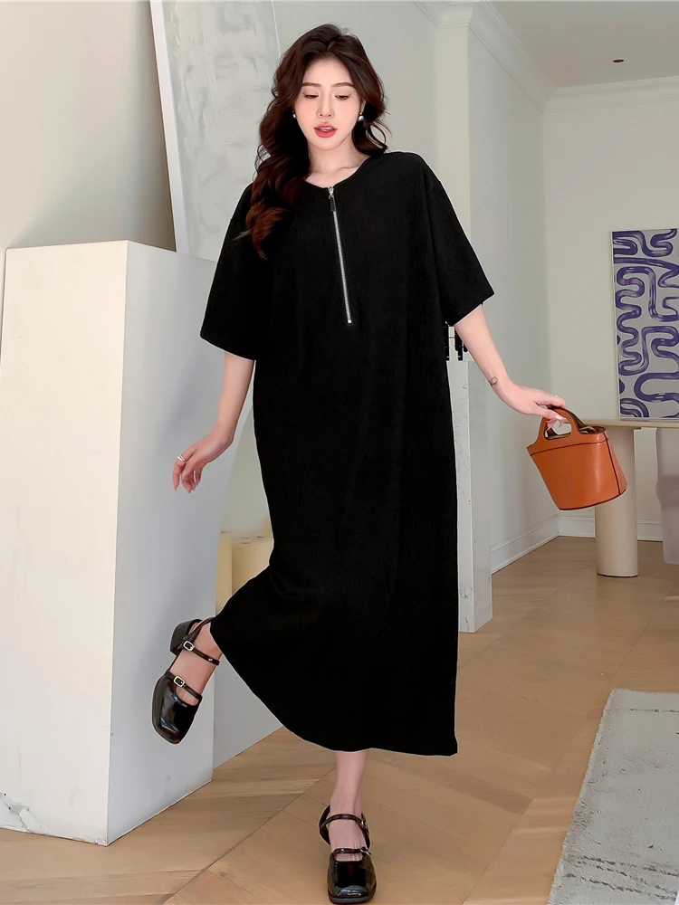 NYFS 2023 Summer New Korea Solid Woman Dress Vestidos Robe Elbise Loose Plus Size Zipper Short Sleeves Long Dress