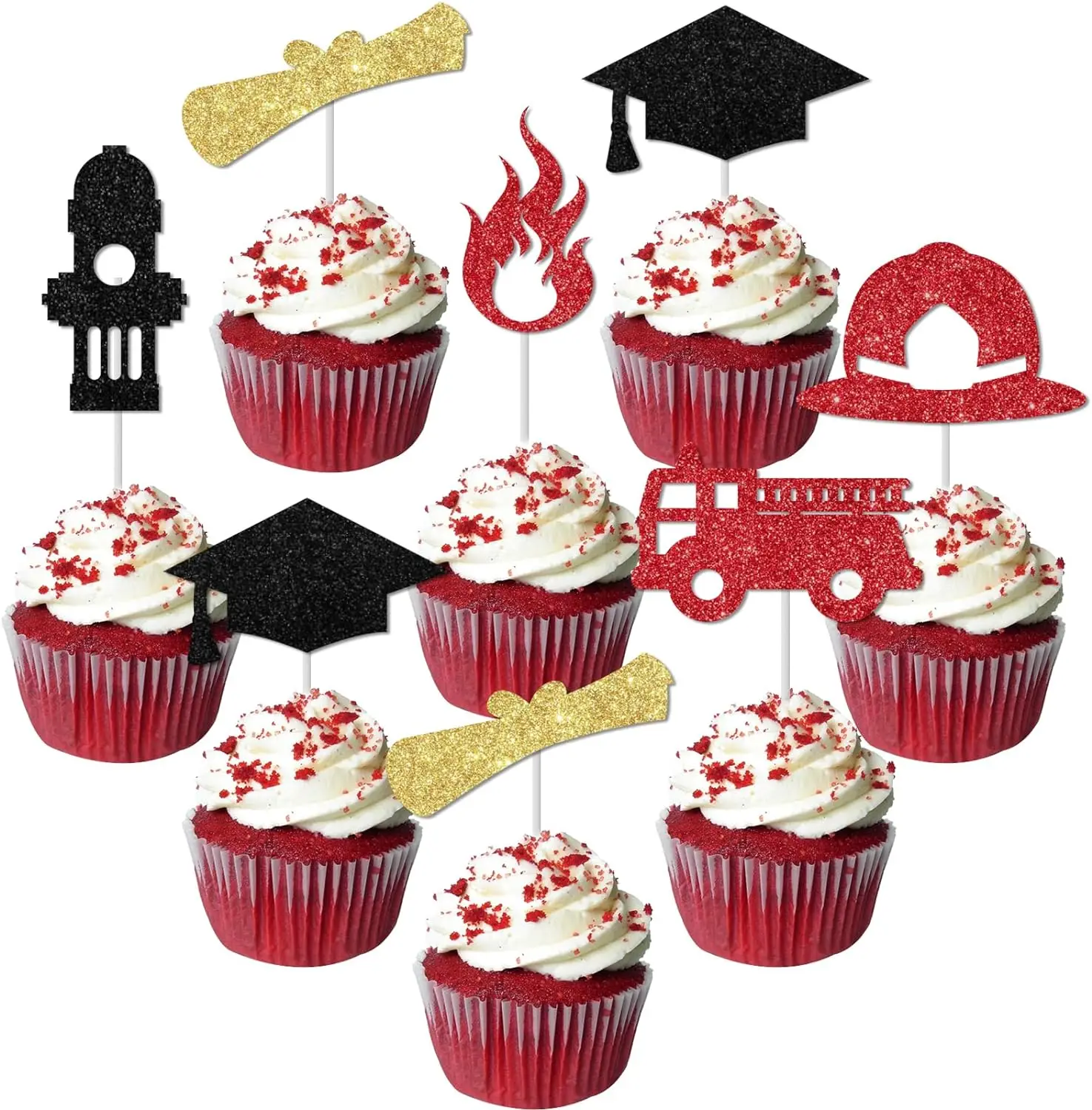 

24pcs Firefighter Graduation Cupcake Toppers Glittering Congrats Grad Party Decor Fire Truck Retirement Party Decor