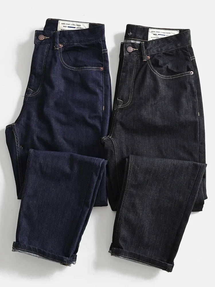 

Весенние винтажные свободные прямые мужские джинсы из смесового хлопка и полиэстера, темно-синие, повседневные, с эластичным поясом, длинные брюки