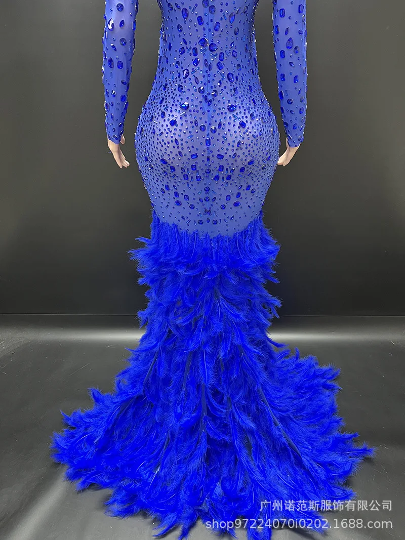 Высококачественное королевское синее платье с каплями воды и бриллиантовыми перьями, вечернее платье для ведущего банкета, модель подиума, костюм Abito, роскошный элегантный гала