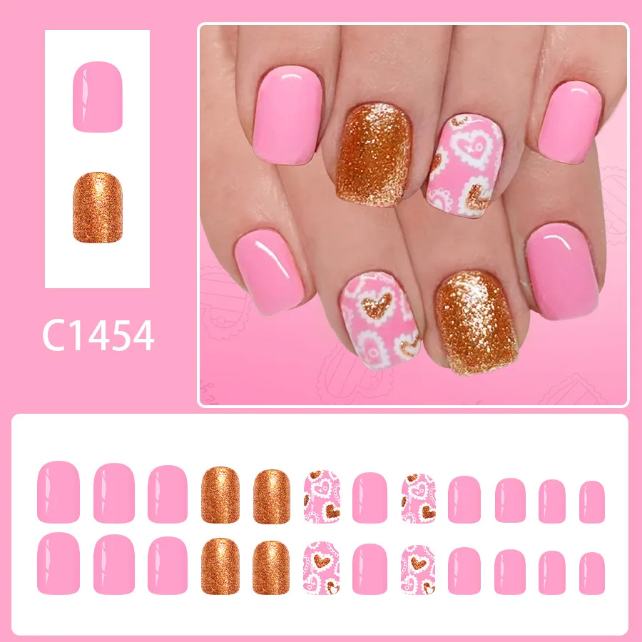 24 pièces faux ongles carrés courts saint valentin doux rose blanc coeurs or paillettes faux ongles avec colle réutilisable presse sur les ongles