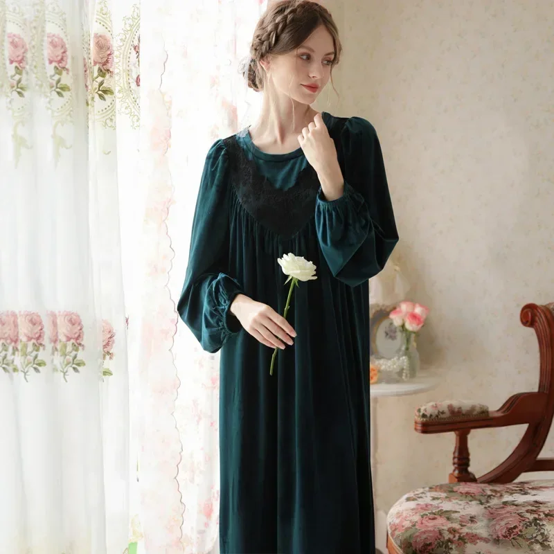 Victorian Nightgown Sleepwear Women Autumn Winter Warm Thick Pleuche Velour Robe Long Nightwear Vintage Velvet Loose Night Dress