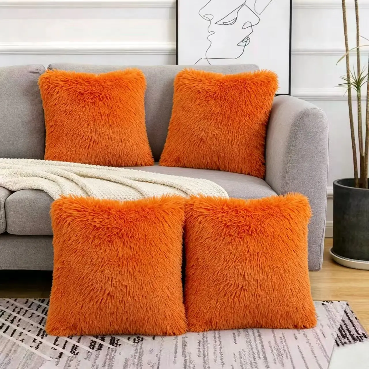 4Pcs Solid Plush Pillow Covers 18×18in, Faux Fur Fluffy Decorative Sofa Cushion Cover No Insert