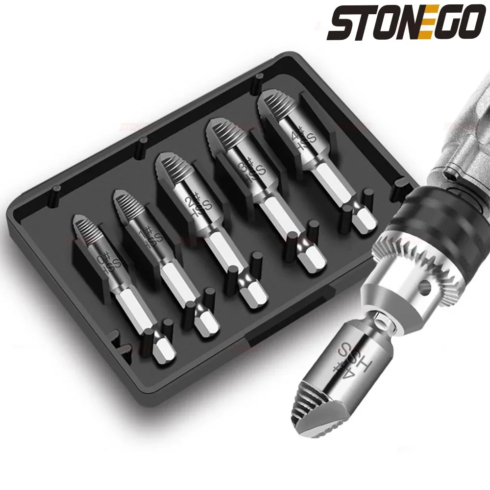 

STONEGO 5Pcs/Set Screw Extractor Set Drill Bits Guide Broken Damaged Screws Bolt Remover