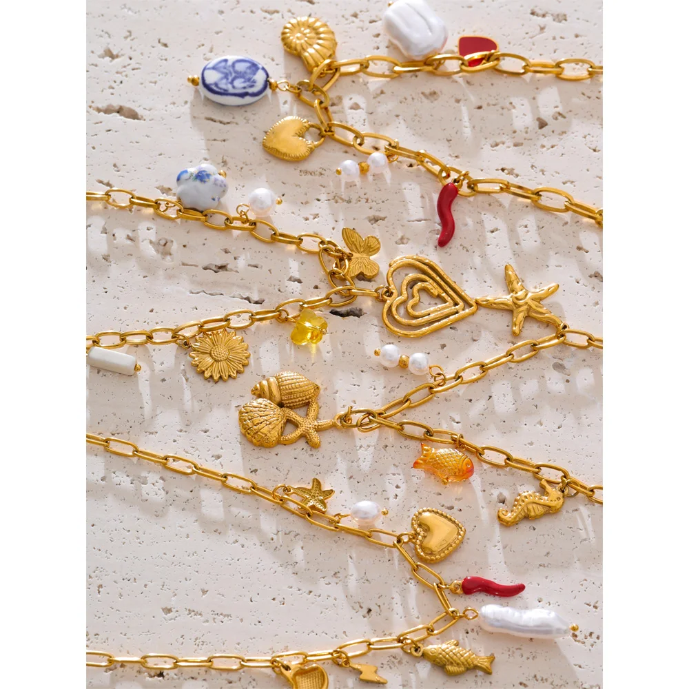 Gold-Plated Ocean Charm Necklace with Pearl Shell and Starfish