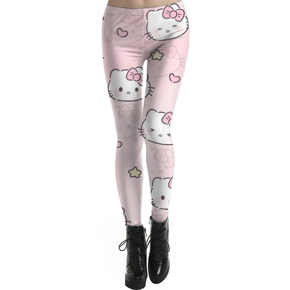 Spring/summer Kuromi Hello Kitty print women's slim-fit stretch comfortable casual leggings Pink tight fitting women's leggings