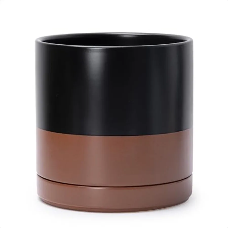 

10 Inch Ceramic Planter Pot with Drainage Hole and Saucer Indoor Cylinder Round Planter Pot Black/Speckled Tan 94-O-E-7