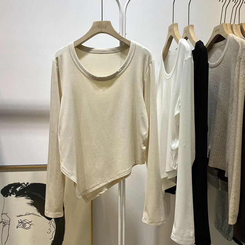 

Long Sleeve T-Shirt Women Early Autumn Loose Versatile Hem Irregular Top Cut Label Korean Style round Neck Polyester Cotton B...