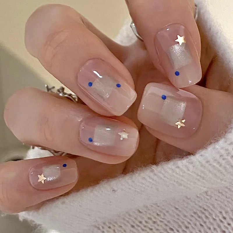 24Pcs Colorful Short Polka Dot False Nail Cat's Eye Glossy Tips Full Cover Wearable Spicy Girl Press on Nails Pink Fake Manicure 2