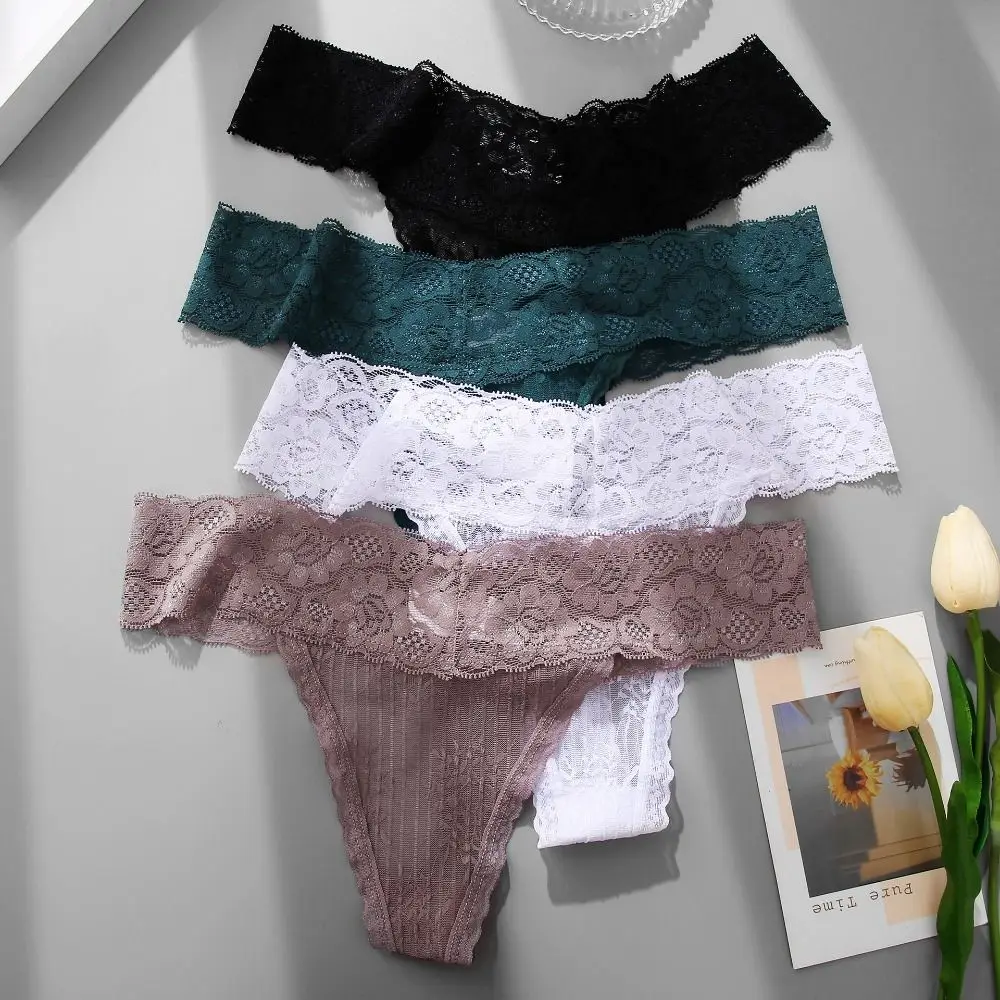 Удобные однотонные кружевные стринги с цветочным принтом и низкой талией, сексуальные трусы, нижнее белье, женские трусы без следов