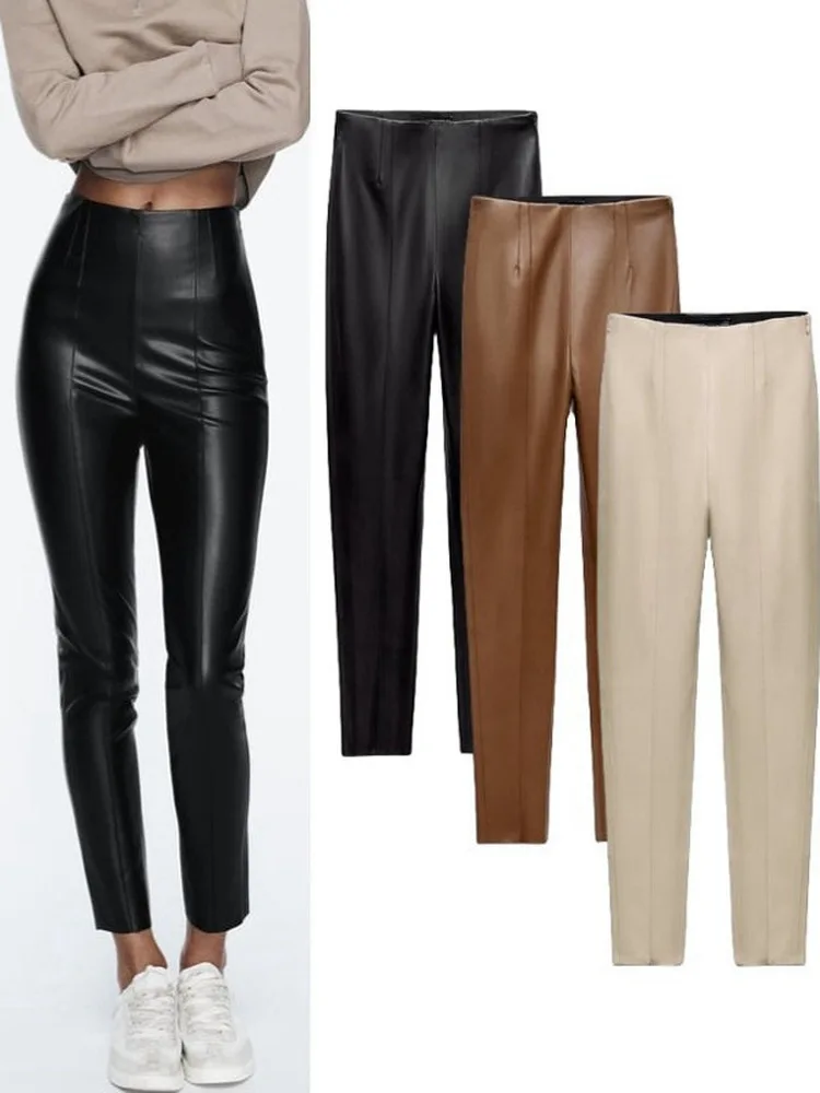 Damskie spodnie casualowe z wysokim stanem, imitacja skóry, obcisłe, uniwersalne, wyszczuplające, rekreacyjne spodnie o kroju ołówkowym 8372294