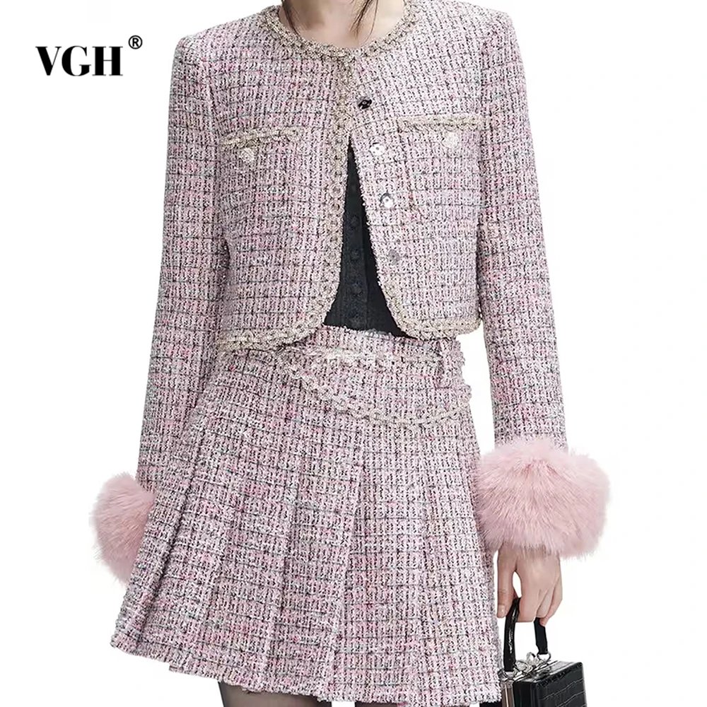 

VGH Elegant Slimming Two Piece Sets For Women Round Neck Long Sleeve Top High Waist Short Skirt Temperament Set Female Fashion