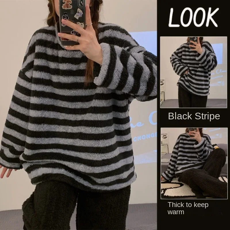 

Утолщенные теплые фланелевые женские пижамы, одежда для дома, полосатый топ и брюки, одежда для сна большого размера, домашняя одежда, женская одежда для сна, зимняя одежда