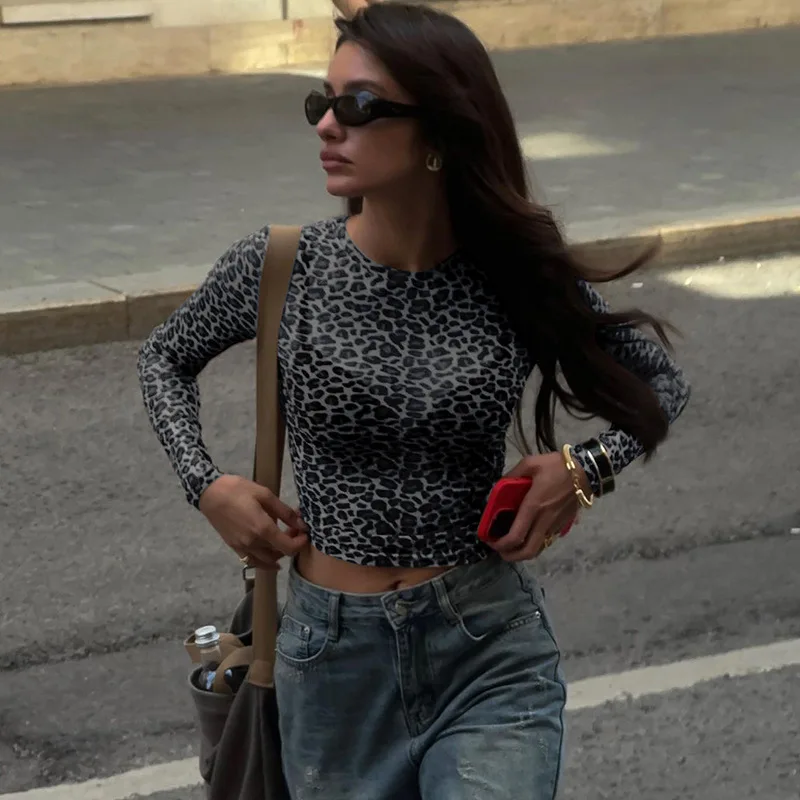 Leopard Print Mesh Top Bodycon Women's Clothing Short Sleeve Printed T-Shirt Lady's Fashion Inner Wear Short Length Vest