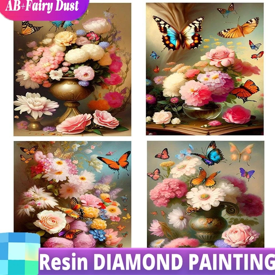 Resina ab fada poeira broca diamante mosaico diy pintura diamante vaso de flores borboleta quadrado completo bordado decoração nova chegada
