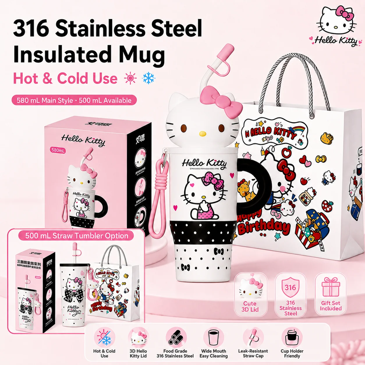 Sanrio Hello Kitty SUS316 Stainless Steel Vacuum Straw Insulated Tumbler Car Cup Holder Compatible Outdoor Portable Water Bottle