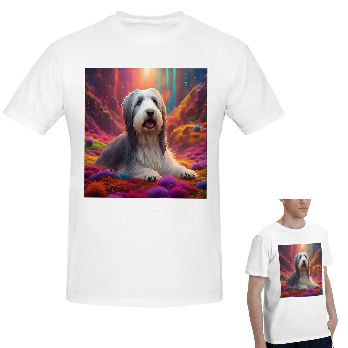 

Футболка из 100% хлопка с бородой-колли Dog In Colorful Nature, мужская классическая футболка большого размера, мужские летние рубашки с круглым вырезом, топы