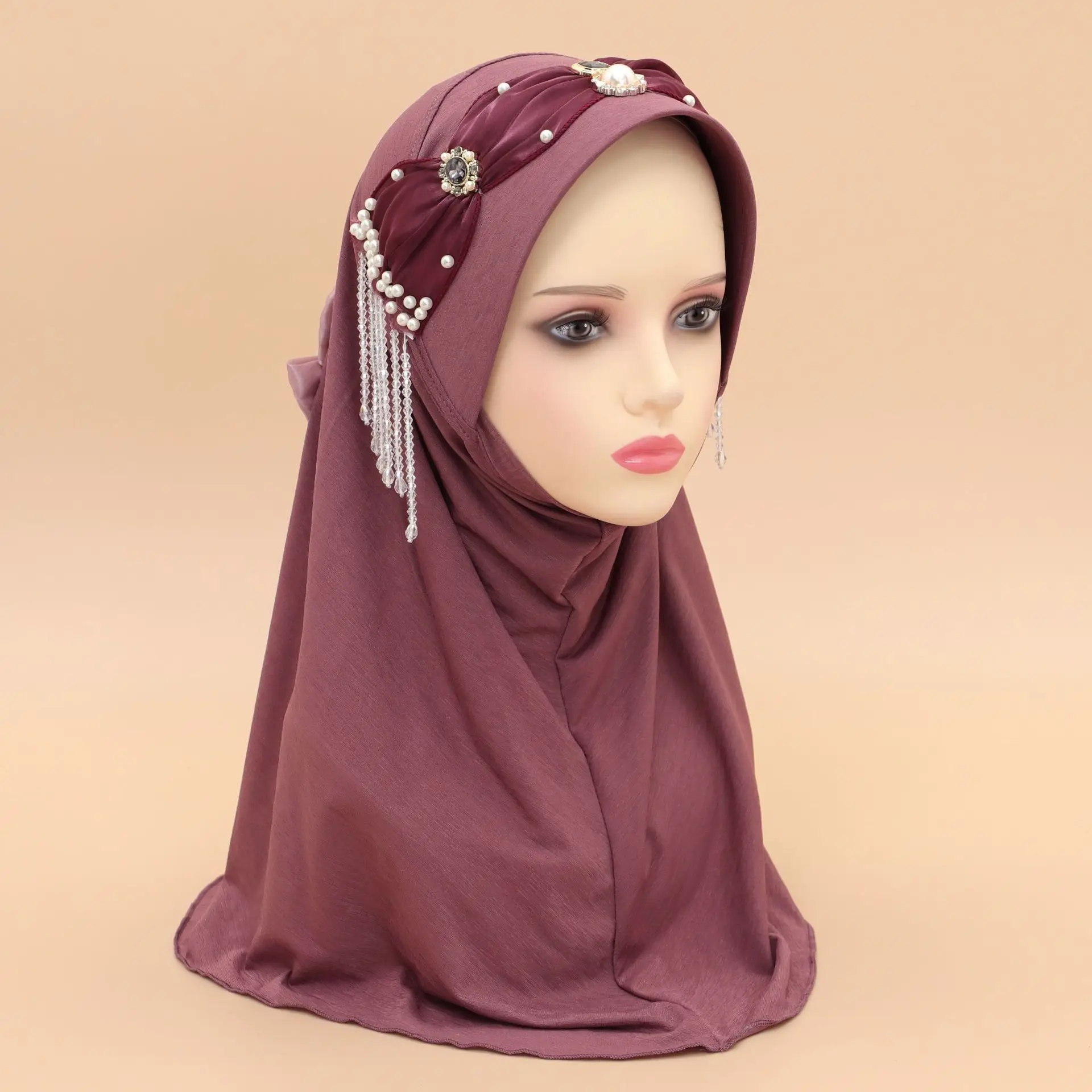 Foulard Instantané de Haute Qualité pour Femme Musulmane, Hijab Amira, Perles de Diamants, Pompon, Châle Rond, Prière de Mariage, Écharpe de Sauna