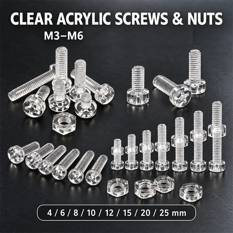 50sets Acrylic Clear Plastic Nylon Phillips M3-M6 Round Head Screws Clear Bolts with Hexagon Full Nuts