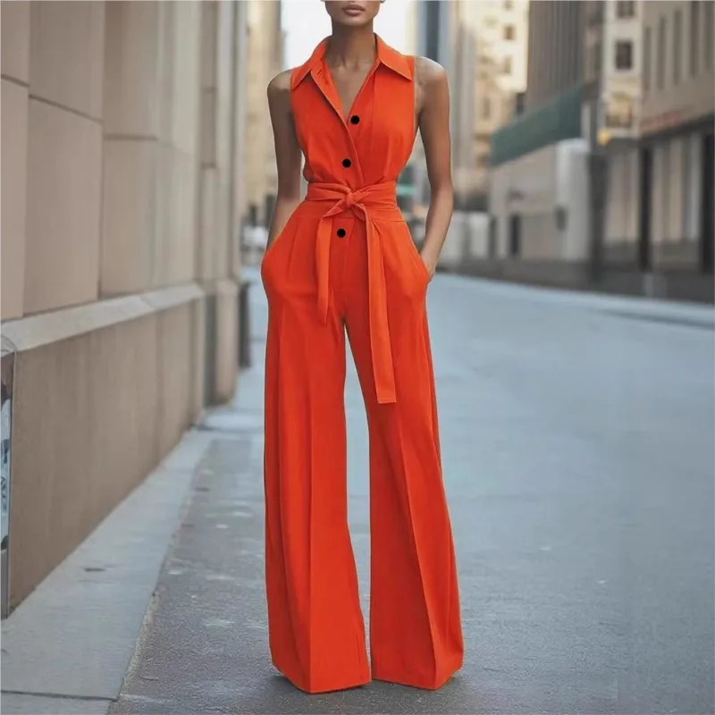 

Fashion High Street Sleeveless Jumpsuit for Women Button Down Lapel Shirt Collar Solid Wide Leg Pants Commuting Office Jumpsuit