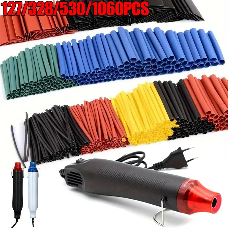 

127-1060pcs Heat Shrink Tube with 300W Hot Air Gun 2:1 Shrinkable Wire Shrinking Wrap Tubing Cable Connect Cover Protection DIY