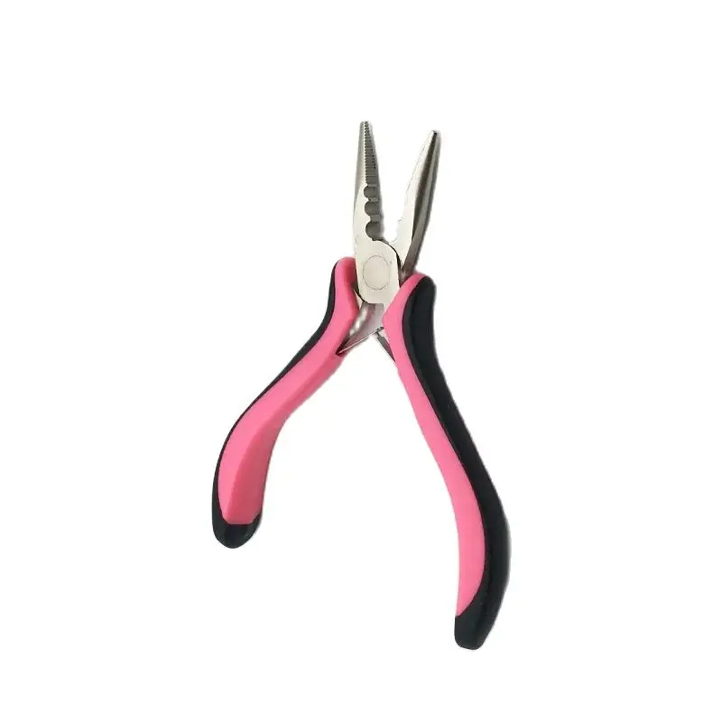 

1 piece Pink handle carbon steel straight nose plier with 3 holes Feather hair extension clamphair extension tools