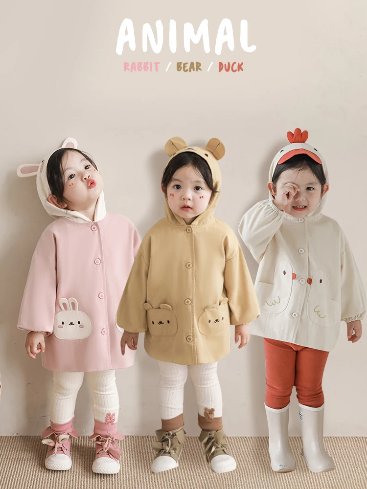 Girls' Autumn Coat Hooded Cartoon Children's Fashion Embroidery Windproof Long Sleeve Coat