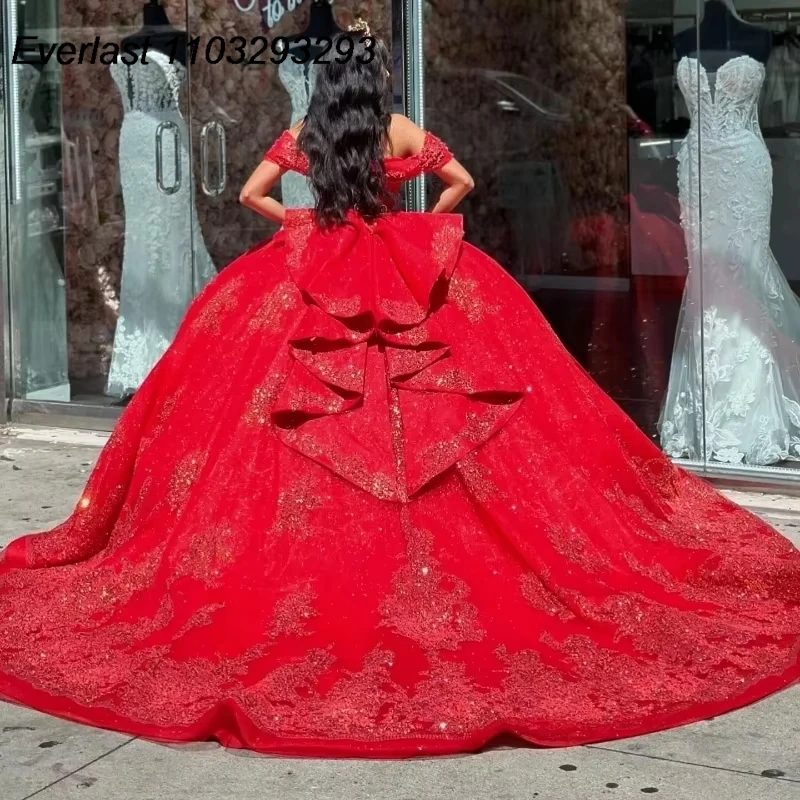 EVLAST Customized Mexican Red Quinceanera Dress Ball Gown Shiny Sequined Lace Appliques Sweet 16 Dress Vestido De 15 Anos E1Q41