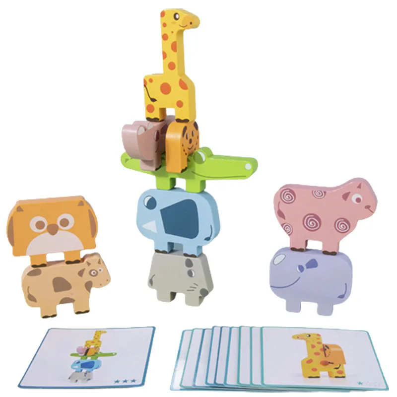 Wooden Animal Stacking Block Game Shape Matching Puzzle Balance Toy Montessori Fine Motor Training Educational Toys For Children