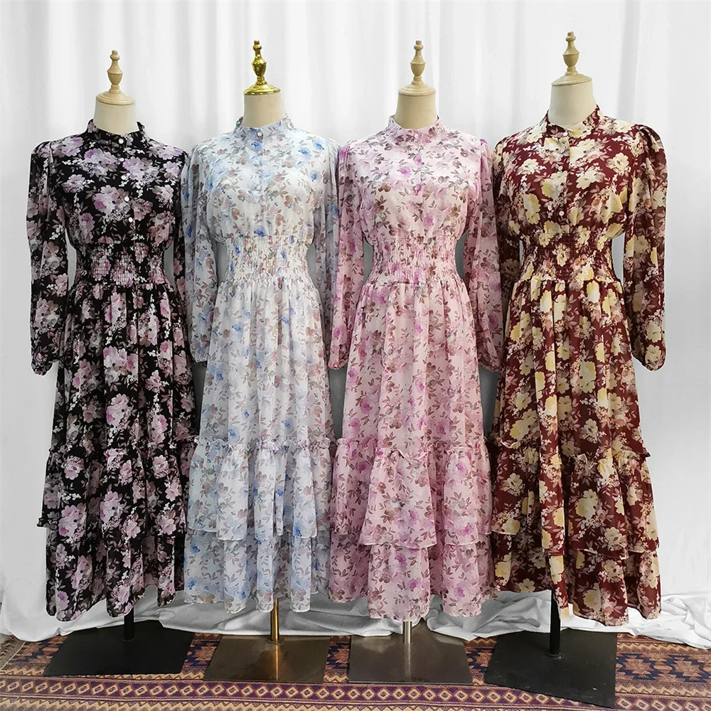 

Muslim Women Floral Print Chiffon Maxi Dress Ruffles Abaya Dubai Turkey Kaftan Islamic Clothing Arabic Robe Party Gown Jalabiya