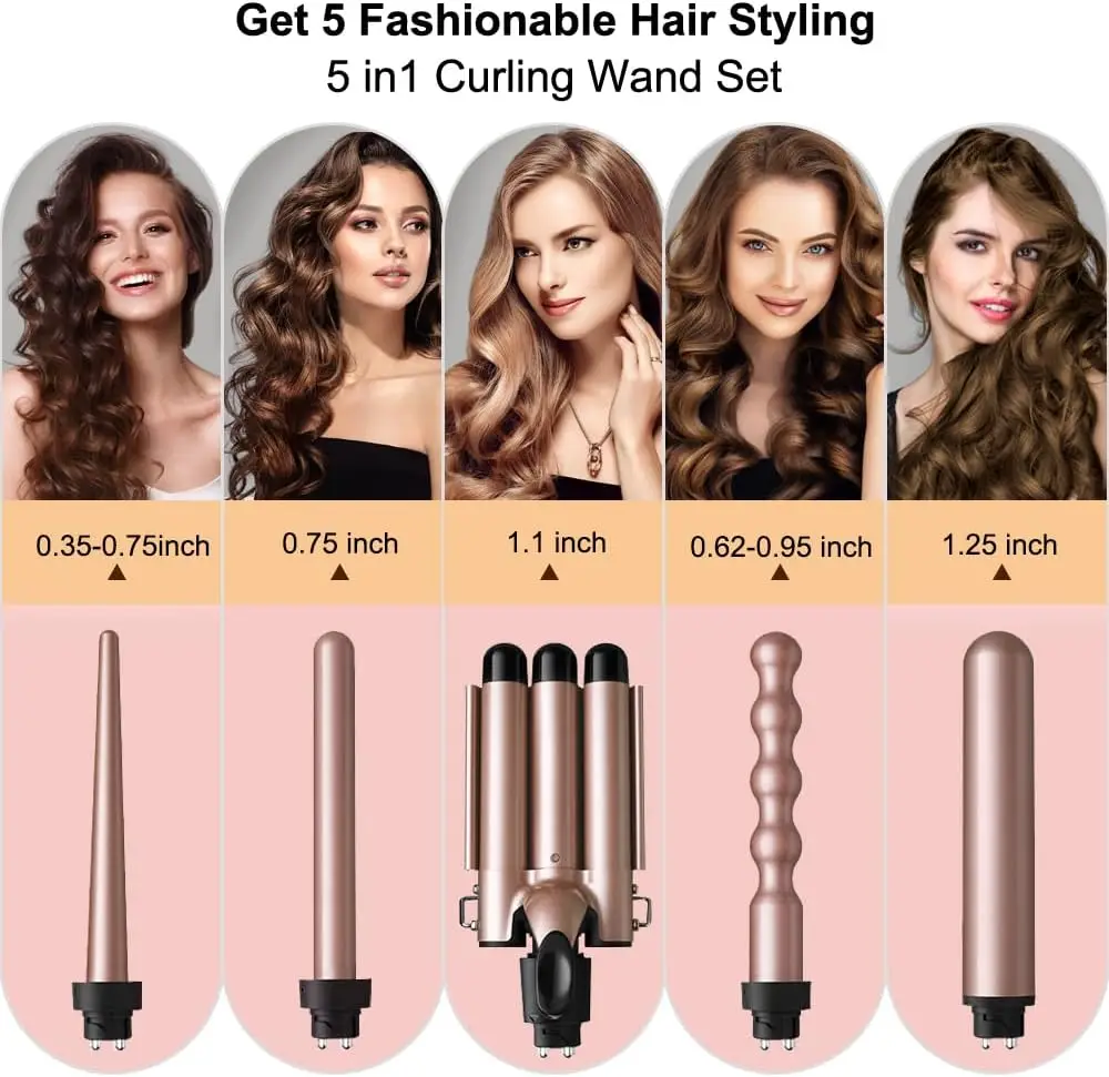5 in 1 Curling Iron Set with 4 Interchangeable Barrels, 3-Barrel Hair Crimper, Adjustable Temp, Glove & Clips - view 2