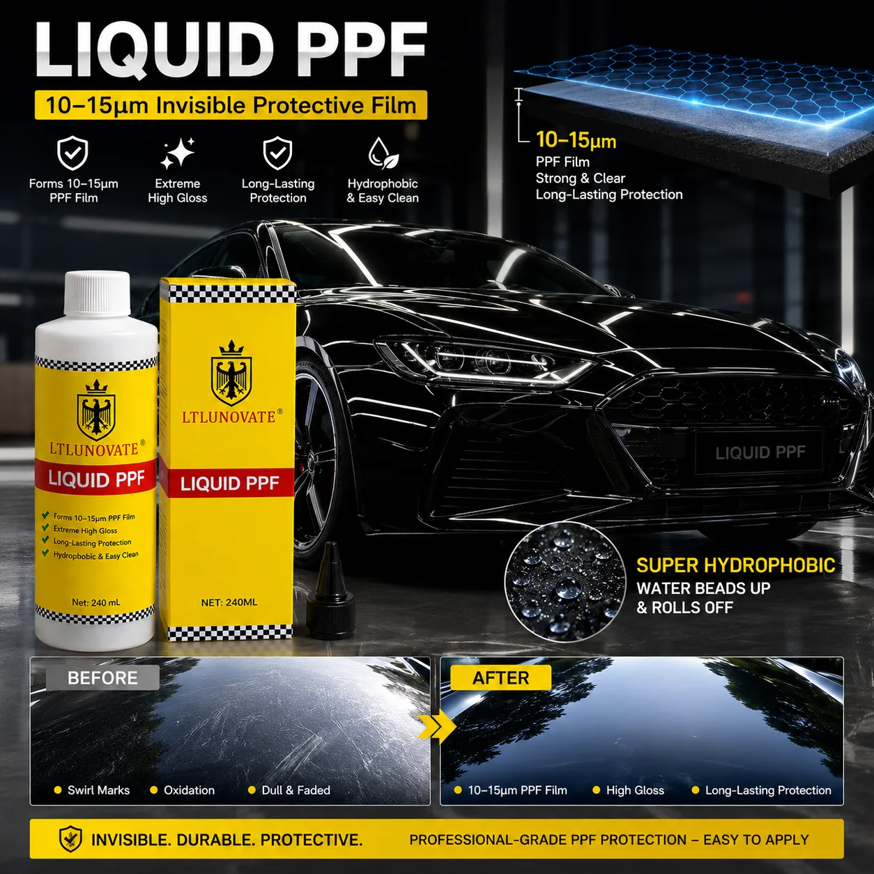 LTLUNOVATE Liquid PPF Car Paint Protection Coating 250ml 10-15um Protective Film High Gloss Hydrophobic UV Chemical Resistant