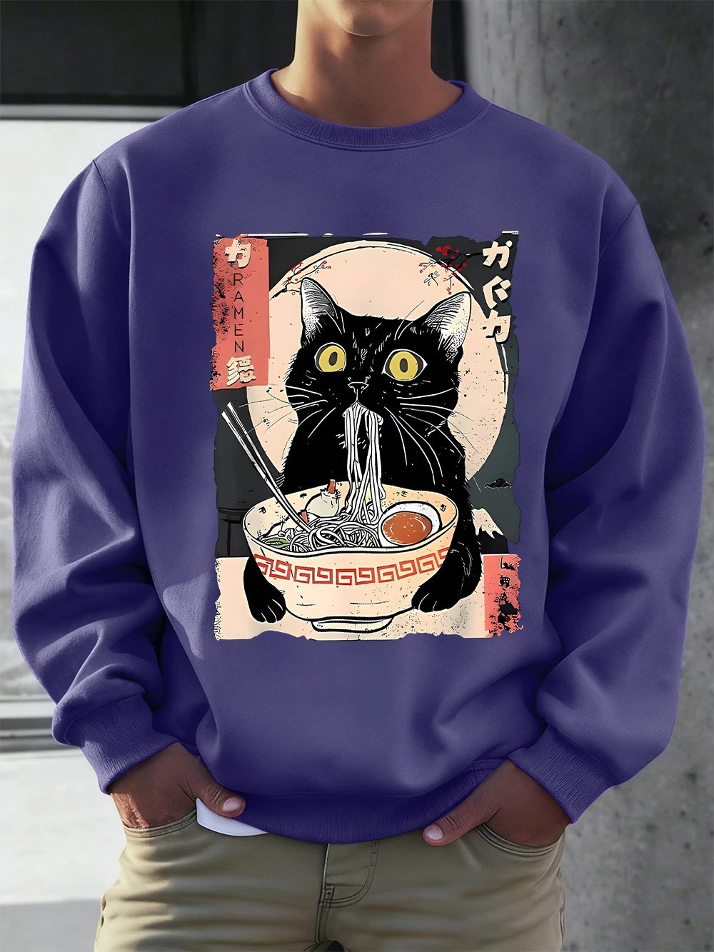 

Мужские толстовки с принтом Cat Eat Noodles & Daydream, осенние толстовки с круглым вырезом, базовые флисовые свободные пуловеры, корейская мужская одежда