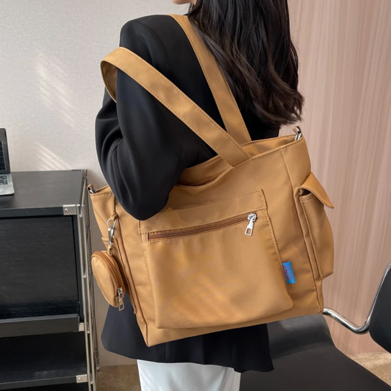 Vintage Sense Tote Bag  Preppy Style Casual Versatile Multi Pocket Shopping Bag Student Commuting Large Capacity Composite Bag