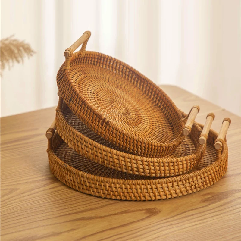 1PC Rattan Strap Handle Storage Basket Bread Snack Fruit Round Round Tray Picnic Woven Storage Basket