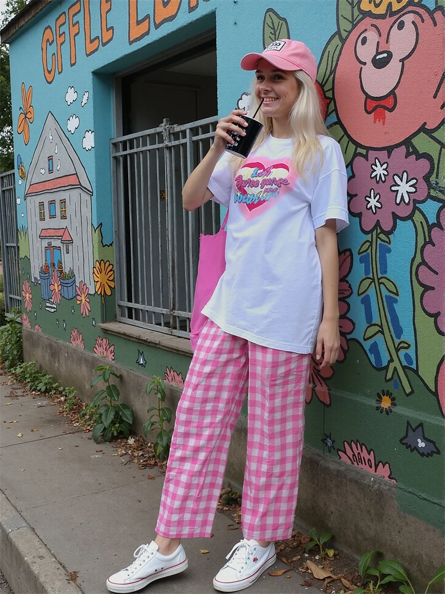 Pants Casual Woman Blue Pink Plaid Side Pockets Functional Design Element Practical Storage Space Comfortable Soft Material