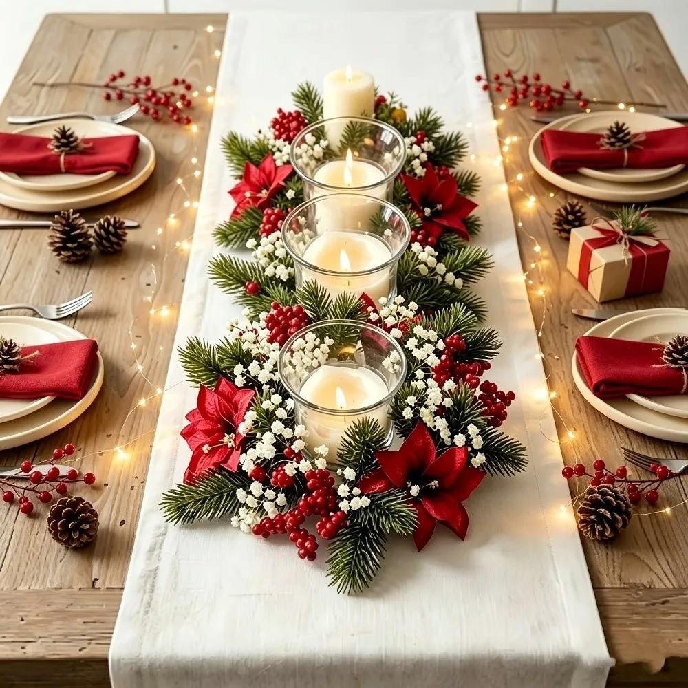 Red Berry Christmas Wreath Candlestick Pinecone Flower Artificial Wreath Candle Rings Home Ornaments Table Decoration