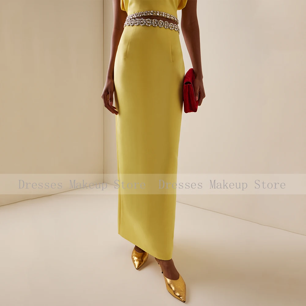 Customized Modern Cocktail Dress Maxi 2 Pieces Crystal O Neck Yellow Prom Gowns for Women Puff Sleeves Column Formal Party Dress image 5