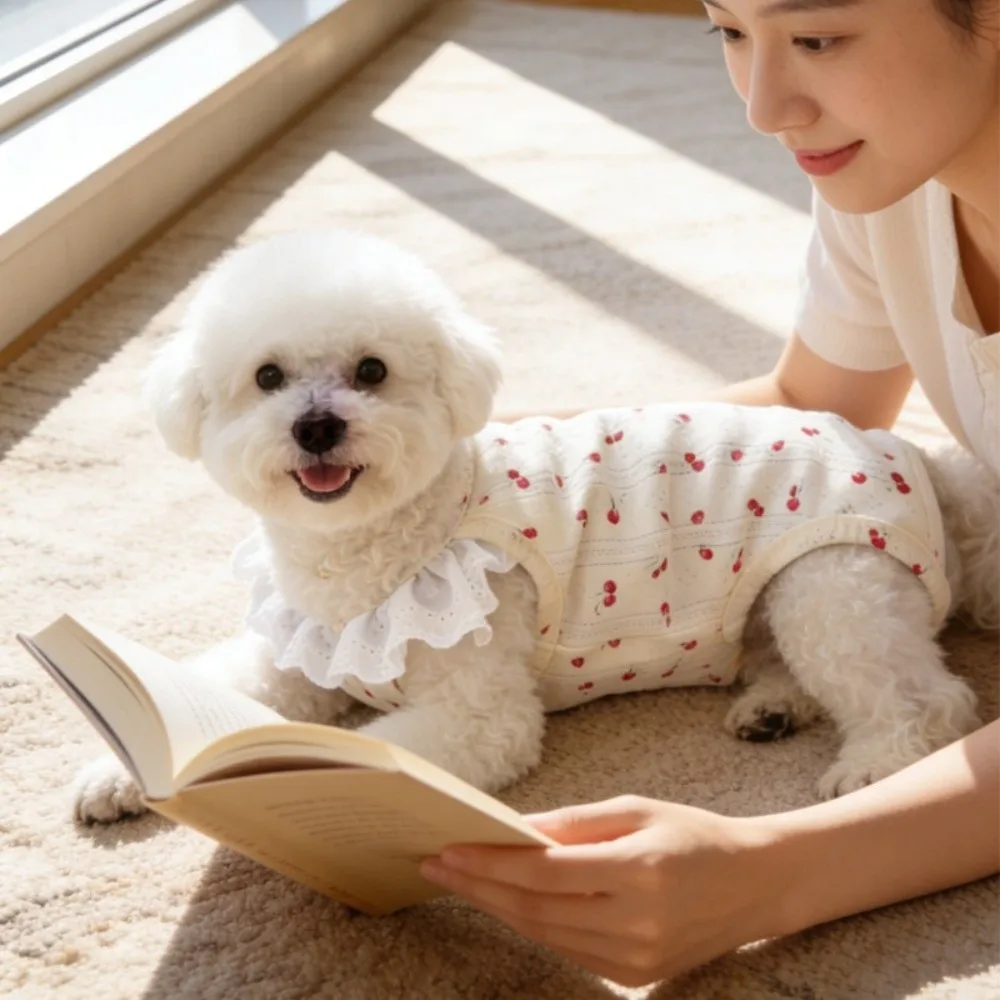 Bow Print Dog Pajamas Flying Sleeve Comfortable Wrap Belly Suit Breathable Full Belly Protection Dog T-Shirt