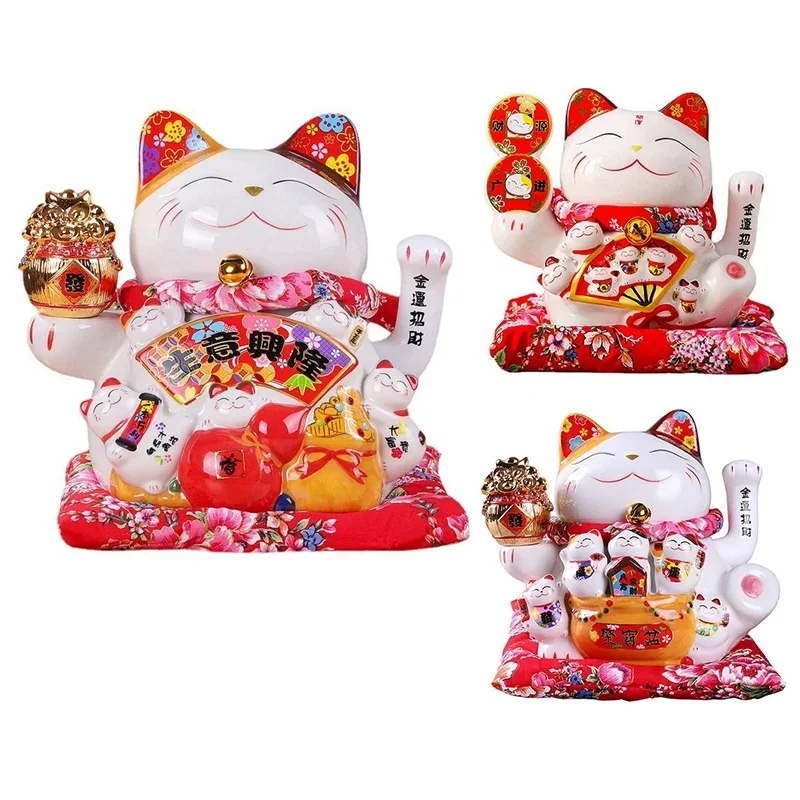 7Inch Ceramic Beckoning Cat Maneki Neko Ornament Feng Shui Decoration Swing Lucky Cat